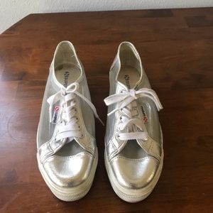 Superga mesh and metallic silver platform shoes